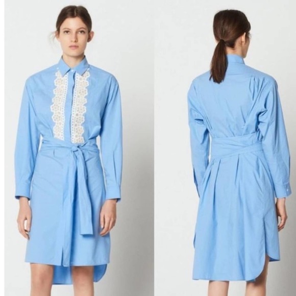 Sandro Paris Blue Cox Poplin Lace Shirt Dress Long Sleeve Button Down 38 M - Picture 2 of 16